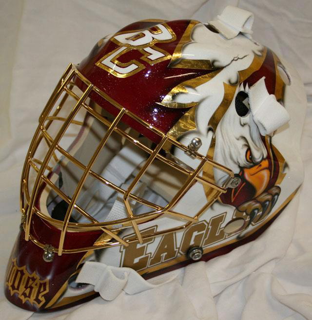 Hockey goalie mask with a detailed horse design and number 30.