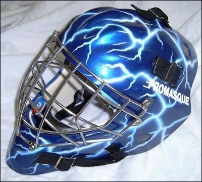 A blue hockey goalie mask with lightning design and Promask logo.