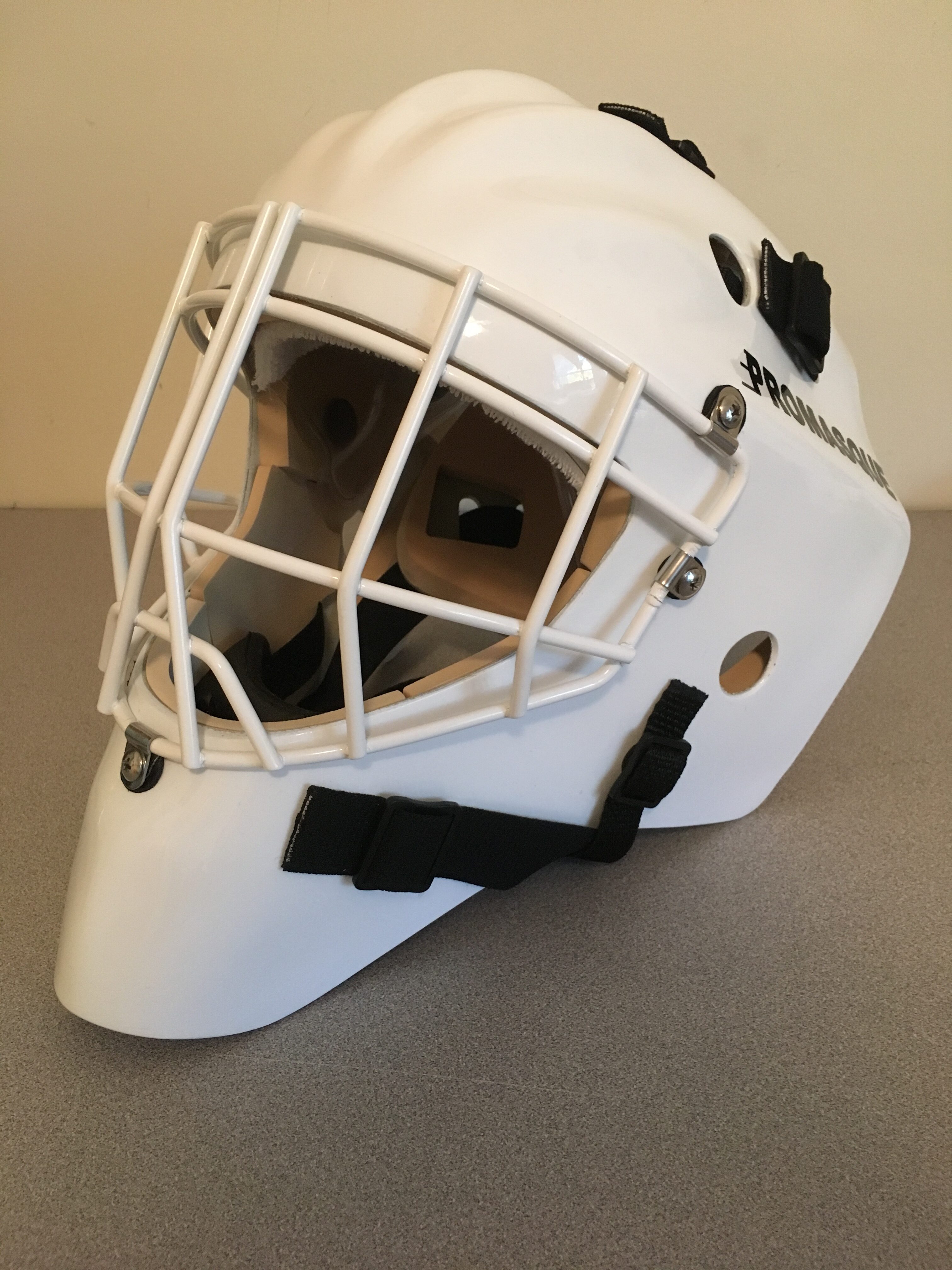A black cat peeking through the bars of a white hockey goalie mask.